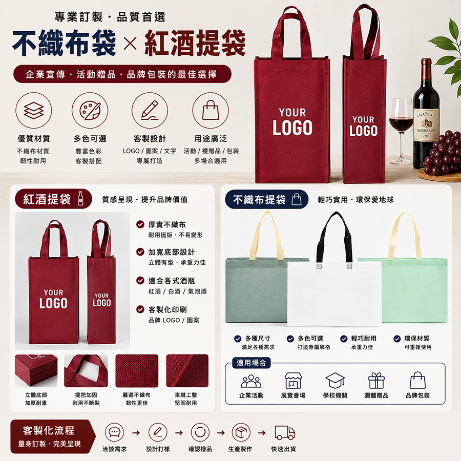 不織布紅酒袋、防塵袋與品牌購物提袋